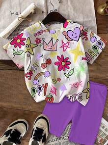 Bộ 2 món cho bé gái, gồm áo thun ngắn tay và quần short in hình hoạt hình dễ thương: ngôi sao, trái tim, hoa, cầu vồng, quả anh đào, chữ "Happy", thích hợp cho kỳ nghỉ hè, thoải mái, những bông hoa nhỏ xinh, trang phục thường ngày mùa xuân hè, mùa đi chơi gia đình, niềm vui nhỏ bé đáng trân trọng, quần áo trẻ em đi nghỉ mát, trang phục đi nghỉ mát, đồ dùng cần thiết cho bé, kỳ nghỉ thư giãn, cảm giác ấm cúng, thời trang hàng ngày cho trẻ em, sẵn sàng tốt nghiệp, mùa lễ hội, tự tin sải bước, quần áo trẻ em đi nghỉ mát, màu sắc nổi bật, bước vào sự quyến rũ, niềm hạnh phúc mùa hè. - Nhiều màu - Xem 2