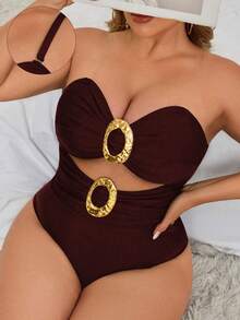 Swim Vcay Traje de baño de una pieza sexy para clubes, de talla grande, de unicolor, con recortes, espalda descubierta, decoración metálica y tirantes ajustables - Burdeos - Ver 1