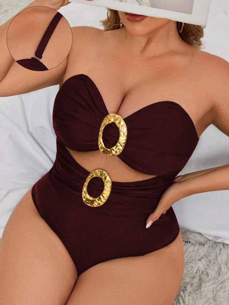 Swim Vcay Traje de baño de una pieza sexy para clubes, de talla grande, de unicolor, con recortes, espalda descubierta, decoración metálica y tirantes ajustables - Burdeos - Ver 1