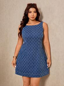 Elaquor 大码女士菱形图案休闲派对牛仔连衣裙 - 藍色 - 查看 5