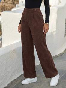 EMERY ROSE Women's Fashionable Versatile Solid Color Straight Leg Pants Brown For Women Wide High Waist Corduroy Winter Clothes Joggers Stylish Pants,Fall,Fall - Brown - View 6