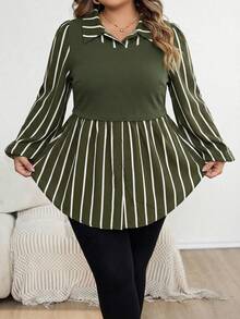 SHEIN CURVE+ 大码女式条纹拼接翻领长袖休闲衬衫，秋冬款 - 軍綠色 - 查看 5