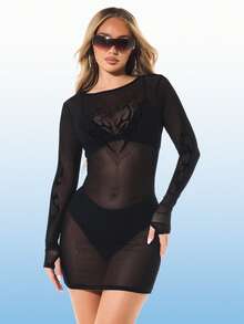 BABYPHAT Black Tattoo Flock Print Long Sleeve Mesh Mini Dress Bodycon Party Cocktail Evening Club Night Out - Black - View 1