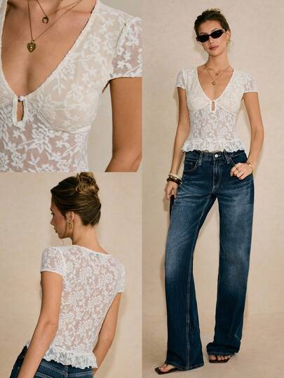 Poéselle Blusa ajustada de encaje de unicolor y cuello en V elegante para mujer, de verano