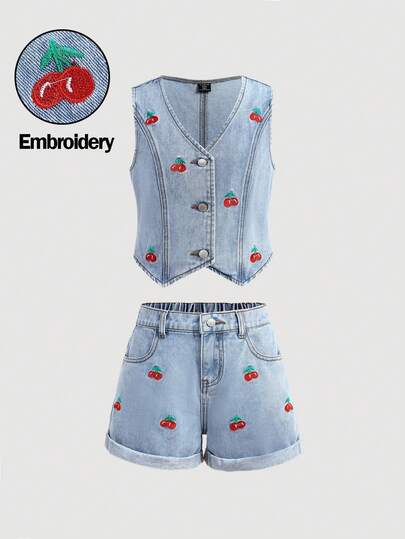 Girlism 2pcs Tween Girls Cute Cherry Embroidery Blue Denim Sleeveless Vest And Rolled Hem Baggy Shorts Set,Summer Boho Beach Concert Rave Festival, Summer Cute Shorts, Summer Holidays,Spring,Beach For Girl, Vacation Casual Girl, Valentine Day,Suitable For Spring And Summer,Season Vintage/Beach/Sea/Elegant Graduation,Casual,Summer Holiday,Spring,Beach,,Suitable For Daily Travel, Outdoor, Home, Brunch, Tea Party, Commute, Airport Wear,