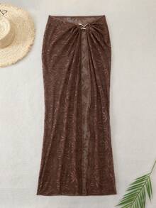 Bonvoyette Váy dài phối lưới jacquard khoét rỗng, phụ kiện kim loại, kiểu dáng mới mùa xuân/hè, thích hợp mặc ngoài đồ bơi. - Cà phê nâu - Xem 6