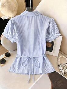 Franclia Cross V-Neck Button Pleated Striped Women Shirt - Blue - View 2