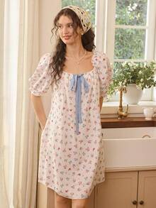 CottageSlumber Áo ngủ ngắn in hoa dành cho nữ, tay phồng, có nơ buộc dây màu xanh dương, thích hợp cho mùa xuân và mùa hè. - trắng - Xem 3