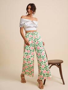 LOTSLUV Women's Elegant Romantic Yellow Rose Floral Print Straight Leg Pants With Embroidered Ruffle Hem, Spring/Summer - Yellow - View 6