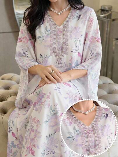 Al Najma Đầm maxi dài tay cổ chữ V in hoa kiểu Ả Rập thanh lịch dành cho nữ cỡ lớn