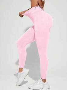 Quần legging thể thao nữ màu trơn, cạp cao, co giãn. - Hồng - Xem 4