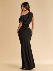 SHEIN BAE Bộ đồ 2 mảnh thanh lịch, tối giản, thường ngày dành cho nữ, thích hợp cho mùa xuân/hè. - màu đen - Xem 2