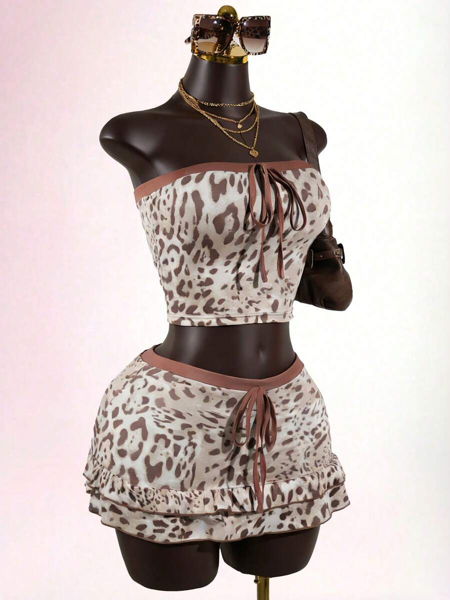 SaltGleam SaltGleam 街头时尚复古豹纹露肩拼接交叉吊带露背上衣和迷你裙套装 - 彩色 - 查看 1