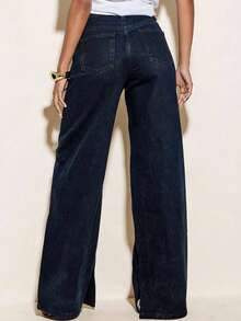 SHEIN BAE Casual Indigo Denim Low-Waist Side Slit Boyfriend Style Wide Leg Jeans, Suitable For Daily Wear, Leisure, Commute, Elegant Gatherings, Hangouts With Friends - Dark Wash - View 3