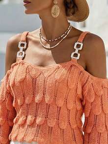 女士金属色露肩针织套头衫，袖子相连，适合秋冬季穿着 - 橘色 - 查看 5