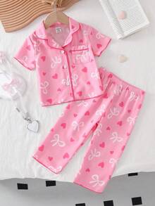 Conjunto de pijama para bebé niña con cardigan de cuello con lazo en forma de corazón, de manga corta y pantalones - Rosa - Ver 7