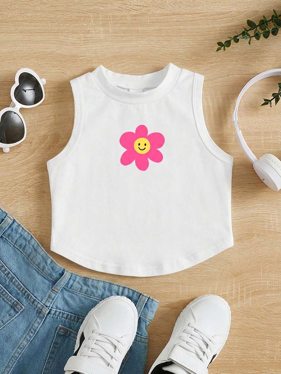 SHEIN 年轻女孩印花针织休闲背心 - 白色 - 查看 1