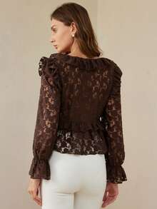 Aveloria Rosie Fashionable Sexy Rose Jacquard V-Neck Layered Ruffle Buttoned Women Blouse - Brown - View 2