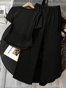 SHEIN One Piece,Short Sleeve,Casual,Offset Print,Spring And Summer,Teen Girls' Summer Commuting Set, Sporty And Casual Straight-Leg Pants, Short-Sleeved Lightweight And Comfortable Two Pieces Set. - Black - View 2