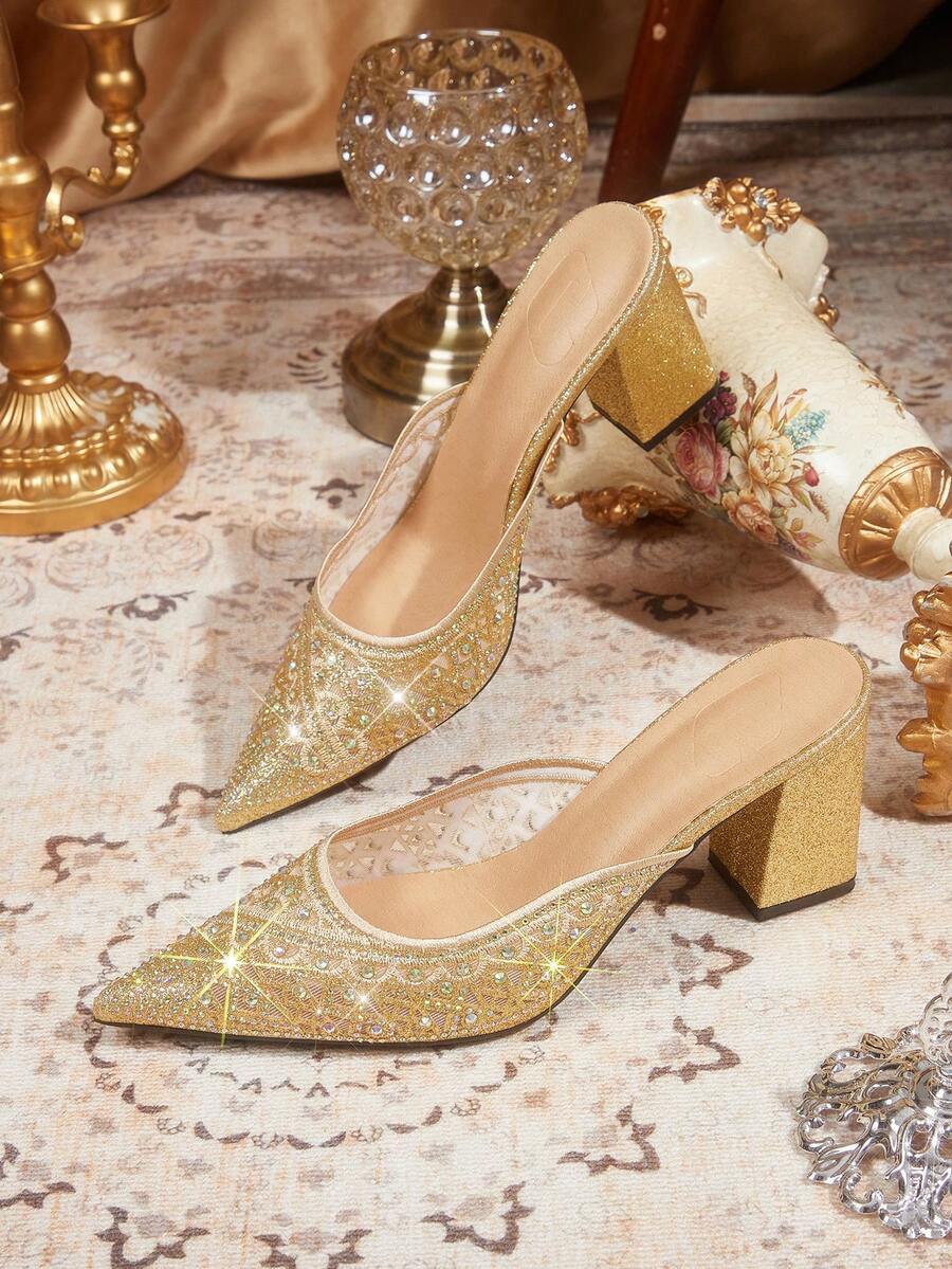 CUCCOO TILAWA Sepatu hak tebal berhiaskan rhinestones yang modis untuk pesta wanita. - Emas - View 1