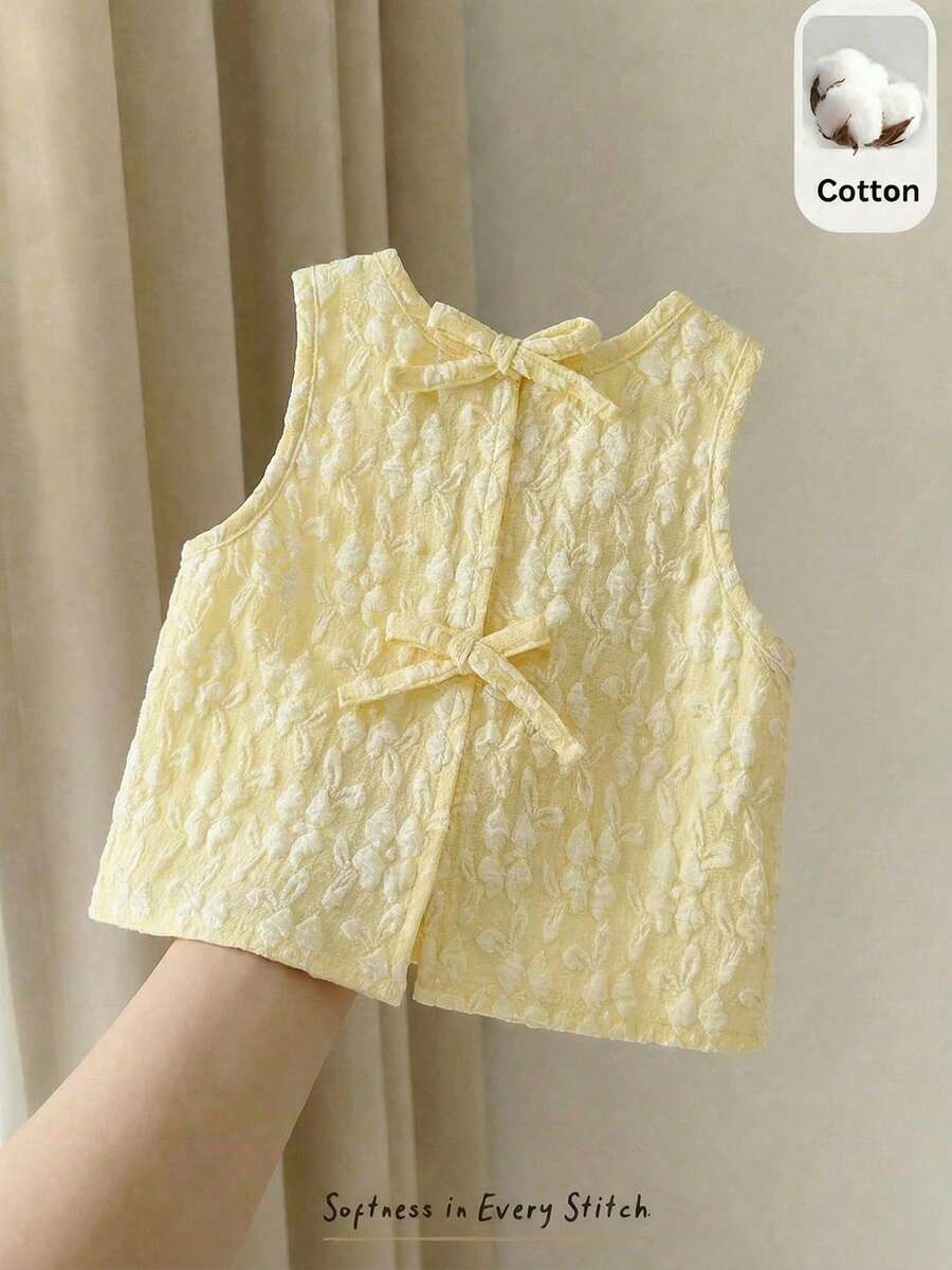 Cozy Pixies 女嬰無袖純色圓領背心，附蝴蝶結裝飾 - 黃色 - 查看 1