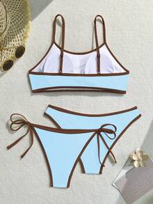 Swim Vcay Conjunto de 3 piezas para mujer 2025 con traje de baño tipo tankini de unicolor con tirantes finos y sin aros - Azul - Ver 3