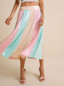 LOTSLUV Women's Spring/Summer Pink, Green And Khaki Sequin Fabric Patchwork Skirt - Multicolor - View 4