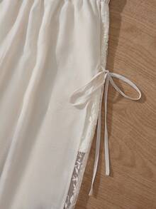 Franclia 女士杏色雪纺刺绣长裤，侧开衩系带，宽松阔腿长裤，适合春季郊游、花园漫步、露营、野餐、夏季茶会、海滩度假和休闲穿着。 - 杏色 - 查看 6