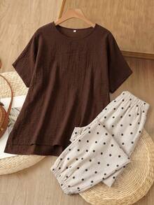 Rusticease Women's Summer Vintage Mother 2pc Set Brown Solid Round Neck Short Sleeve Top And Polka Dot Wide Leg Pants Casual Festival Vacation Outfit Clothes - Multicolor - View 1