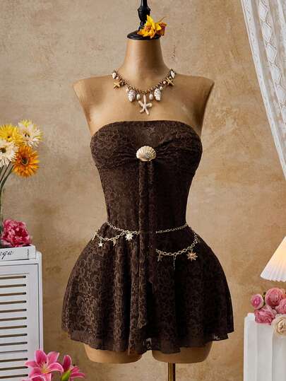 Femesol Rochie tip bandeau la modă pentru femei, cu decor metalic și dantelă