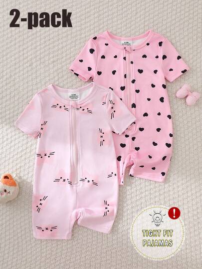 2pcs Baby Girls' Casual Romper Set, Short Sleeve Shorts, Cute Cat & Heart All-Over Print, Soft Stretchy Comfortable Jumpsuit, Suitable For Summer Sleepwear Or Outerwear