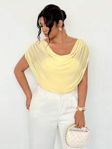 Firerie Women's Elegant Casual Commute Vacation Romantic Date Outfit, Pale Yellow Mesh Ruffle Collar Cap Sleeve Slim Fit T-Shirt, Teacher Outfit, Airport Outfit, Going Out Outfit, Elegant Vacation - Yellow - View 1