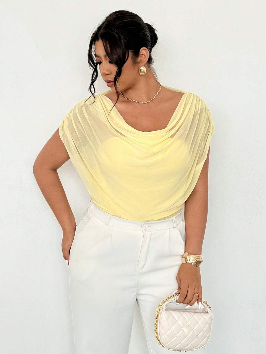 Firerie Women's Elegant Casual Commute Vacation Romantic Date Outfit, Pale Yellow Mesh Ruffle Collar Cap Sleeve Slim Fit T-Shirt, Teacher Outfit, Airport Outfit, Going Out Outfit, Elegant Vacation - Yellow - View 1