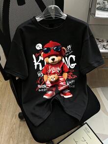 新款设计可爱熊图案 T 恤，女式圆领休闲宽松时尚上衣，适合春夏季日常穿着 - 黑色 - 查看 1