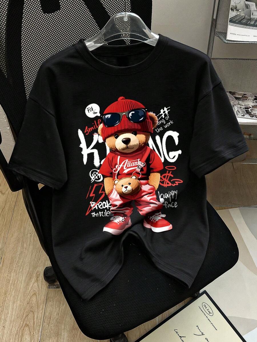 新款设计可爱熊图案 T 恤，女式圆领休闲宽松时尚上衣，适合春夏季日常穿着 - 黑色 - 查看 1