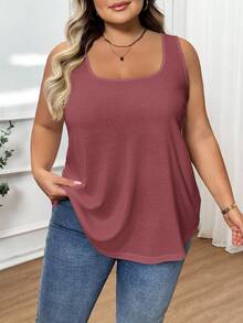 SHEIN CURVE+ 大码女式时尚宽松舒适无袖T恤背心 - 酒紅色 - 查看 7