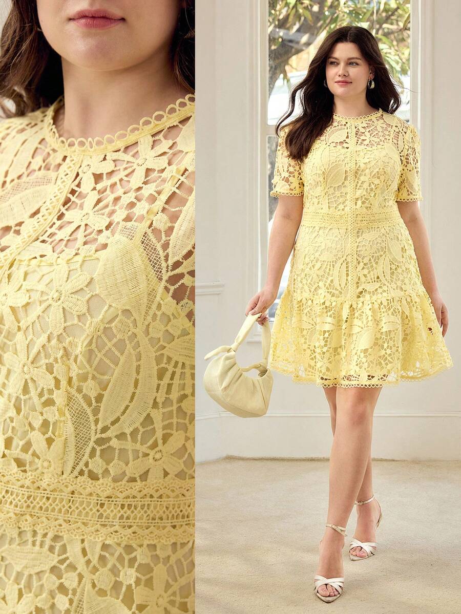 MOTF PREMIUM PLUS SIZE WOMEN'S LACE A-LINE DRESS, SPRING/SUMMER - Light Yellow - View 1