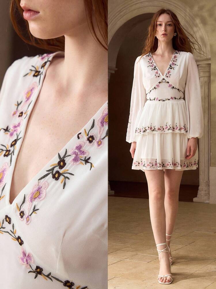 FLOWER EMBROIDERY TIERED LAYER DRESS