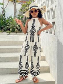 SHEIN Bộ áo liền quần dệt họa tiết du lịch dành cho bé gái tuổi teen, thích hợp cho du lịch, nghỉ mát, phong cách bohemian, nghỉ mát biển. - Màu be - Xem 1