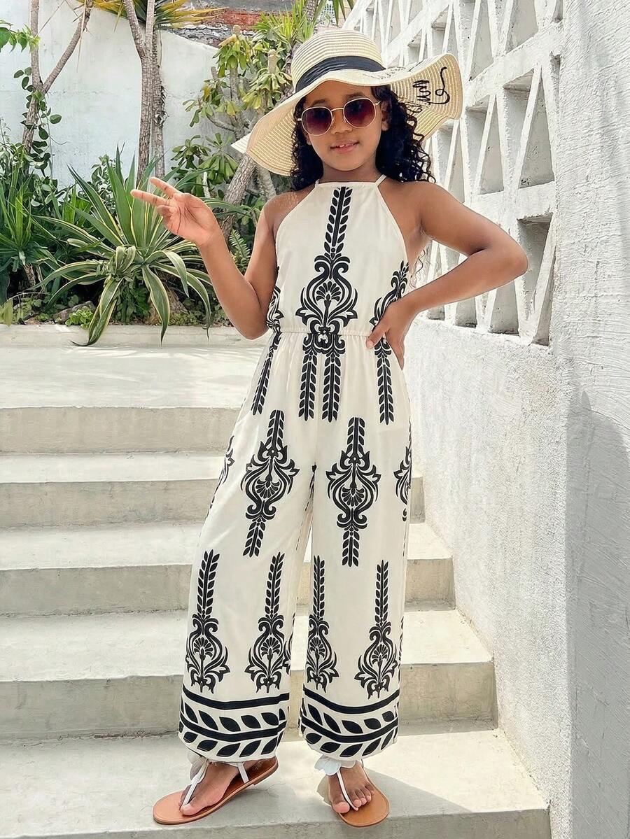 SHEIN Bộ áo liền quần dệt họa tiết du lịch dành cho bé gái tuổi teen, thích hợp cho du lịch, nghỉ mát, phong cách bohemian, nghỉ mát biển. - Màu be - Xem 1