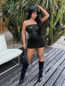 SHEIN SXY 女士闪亮性感抹胸上衣，适合约会和派对 - 黑色 - 查看 5