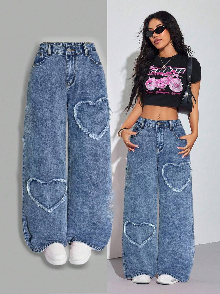 Slaydiva Quần jean denim rách họa tiết trái tim, dáng rộng, cỡ lớn, kiểu dáng thường ngày. - Màu xanh lam - Xem 1