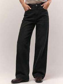 RueChic Women's Casual Button Pocket Wide Leg Denim Jeans ,Petite Women - Black - View 4
