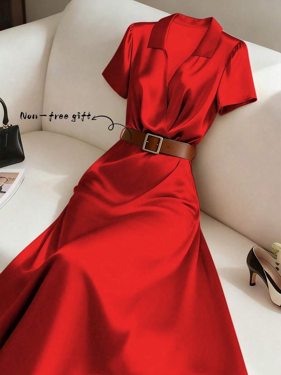 GlowEve 女士纯色褶皱优雅收腰中长连衣裙，适合派对穿着 - 紅色 - 查看 1