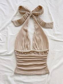 Soleia Women's Starfish Trim Textured Pleated Halter Neck Tank Top Seashell Swimsuit Ruched Swimsuit Halter Top Bathing Suit Boho Swimsuit Beige Swimsuit - Apricot - View 6