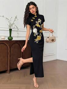 EastFlair Women's Black Floral Embroidery Cheongsam Long Dress,Short Sleeves Elegant Chinese Style Qipao,Summer Dining Outfit - Black and Gold - View 4