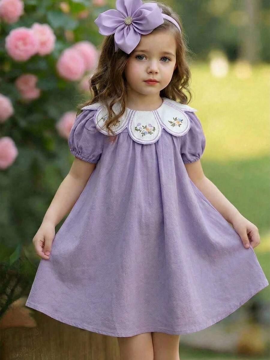 Emery Rose Kids 少女田园风花卉刺绣荷叶边泡泡袖连衣裙,百搭花卉图案圆领荷叶边撞色连衣裙 - 淡紫色 - 查看 1