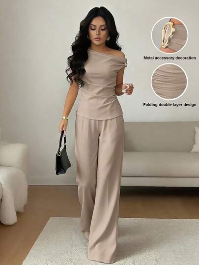 Rafferiza Women's Khaki Two-Piece Set – Fitted One-Shoulder Top With Metallic Buttons & Wide-Leg Pants | Elegant Summer Outfit For Office, Casual, And Holiday Wear Blouse And Pants Set Formal For Women Classy Coords Outfit For Women Elegant Terno Outfit For Women Casual Latest Outfit For Women
