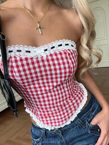 CovetEZ 格子撞色蕾丝蝴蝶结装饰休闲吊带背心 女士连衣裙 女士夏季连衣裙 女士夏季套装 女士野餐连衣裙 女士夏季套装 - 紅色 - 查看 4