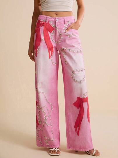 LOTSLUV Women's Pink Diamond Necklace & Butterfly Print Denim Pants, Spring/Summer